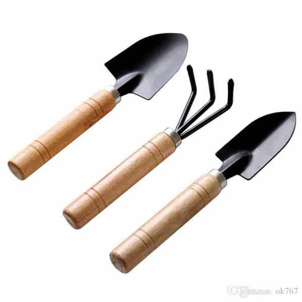 3 Pcs Mini Garden Tool Set Gardening Shovels   Claw   Rake With Wooden Handles Metal