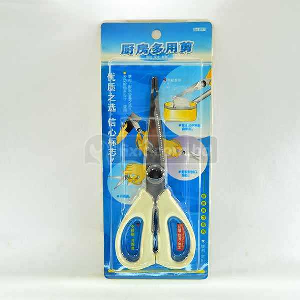 Stainless Steel Off White Color Plastic Handle Scissor with Tongs and Toothed Edges for Designed Cutting Kitchen Scissor