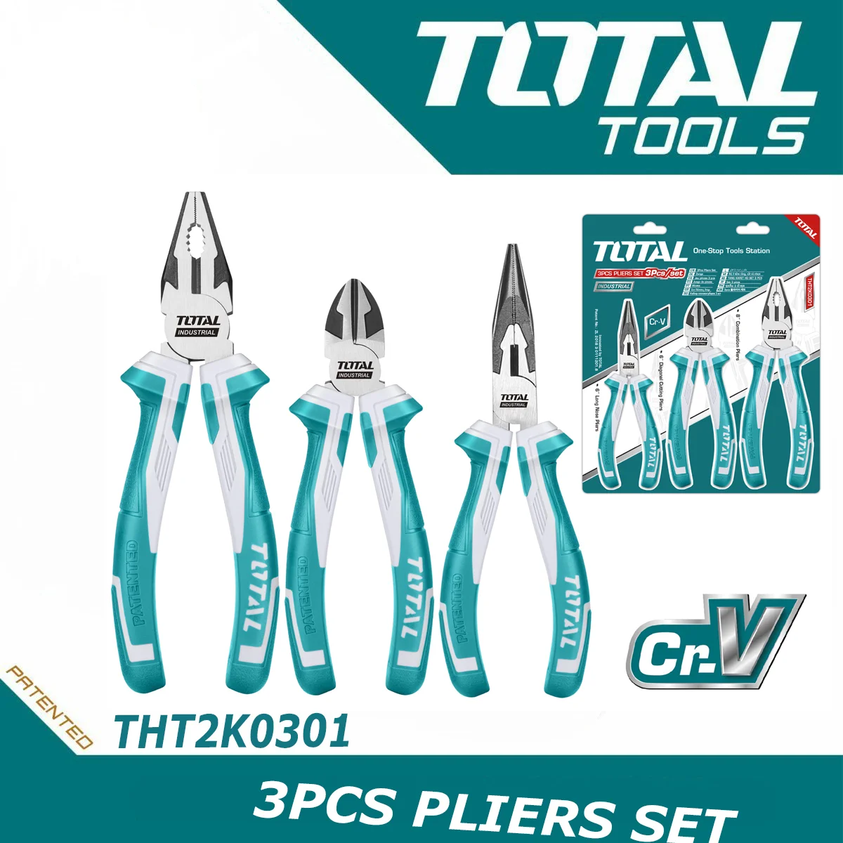 3Pcs Industrial Pliers Set – Combination, Long Nose, Diagonal Cutting Pliers Total Brand THT2K0301