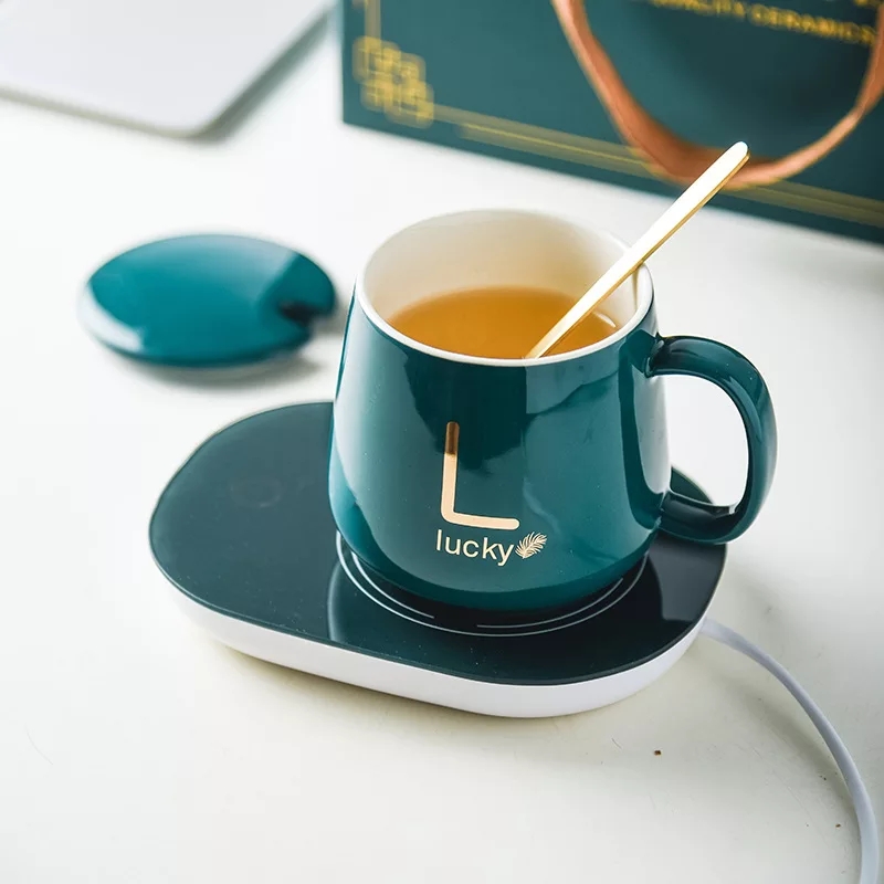 Electric Coffee Cup and Saucer | USB Heating Mug Warmer | Electric Heating Pad with Ceramic Mug | Hot Mug for Tea Self Heating Coffee Cup for Car | Lucky Water Heating Coaster Mug Green | Sel