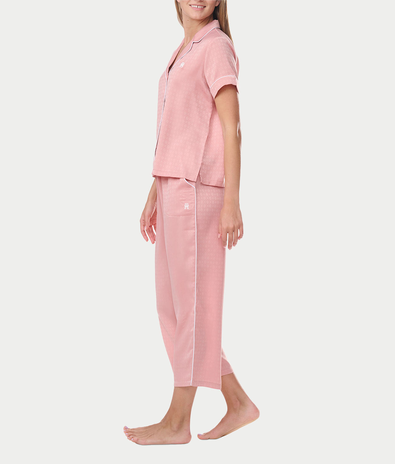 Notch Collar Cropped Woven Pajama Set thumbnail 3