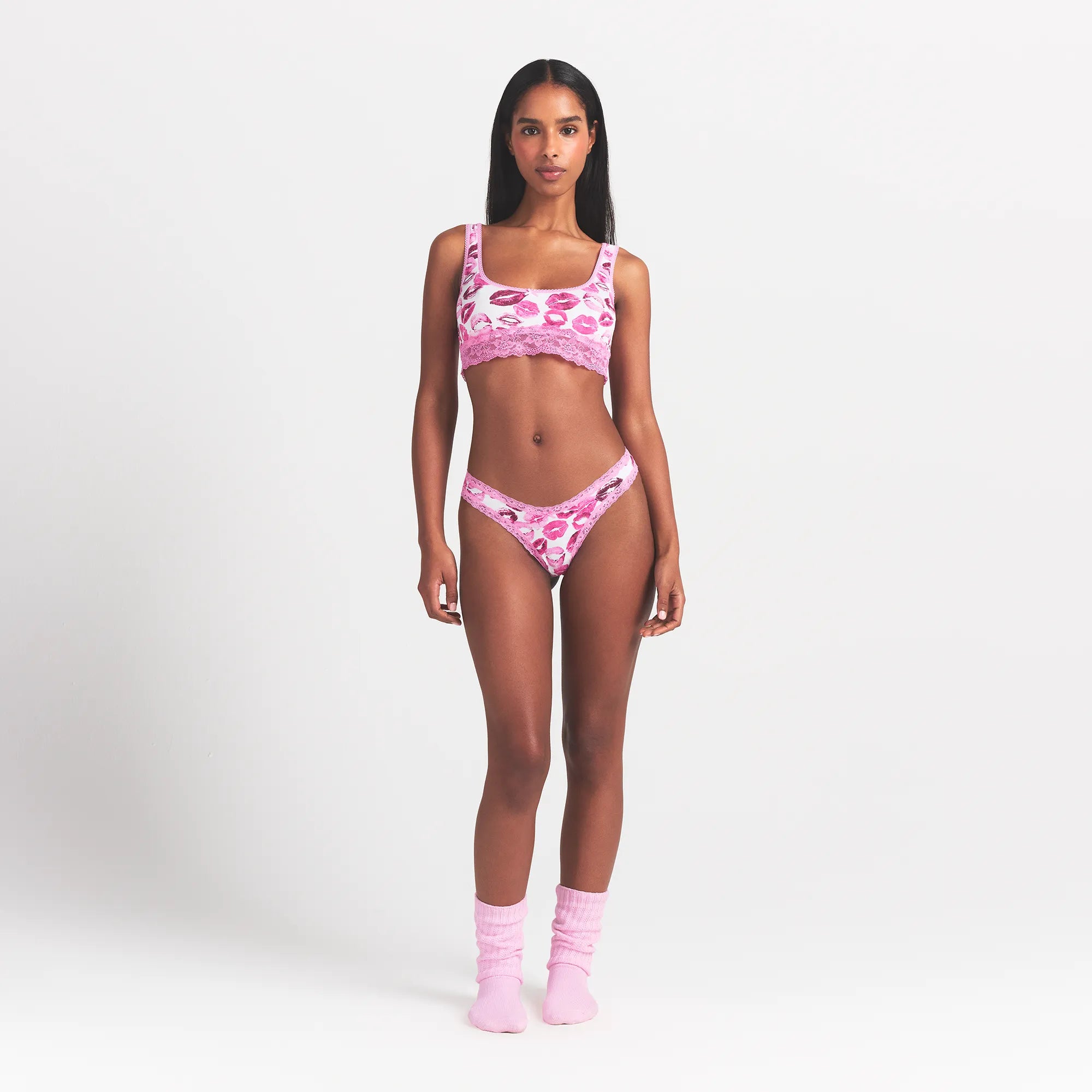 LIGHTWEIGHT COTTON LACE THONG | PINK ALLOVER LIPSTICK thumbnail 2