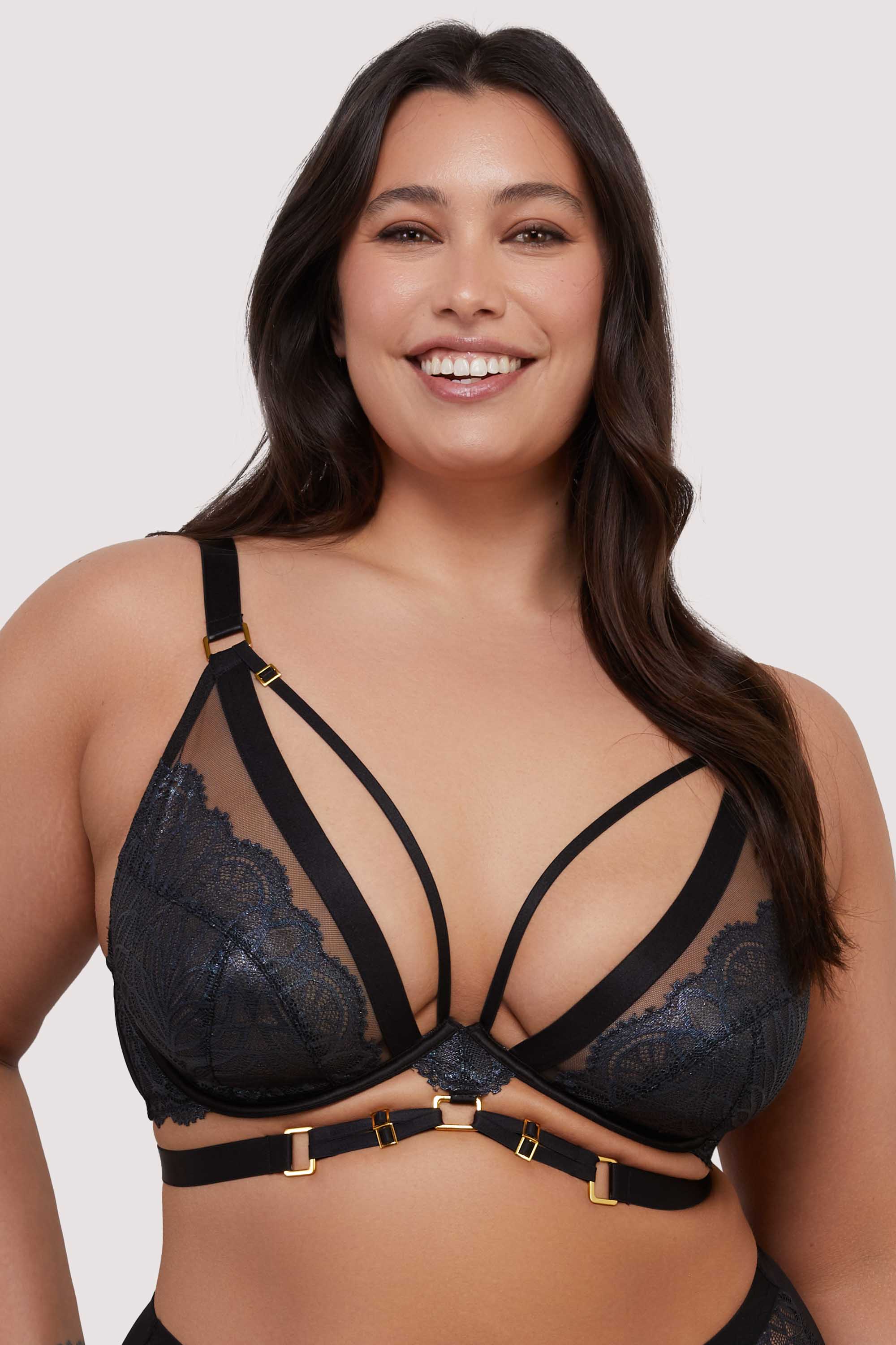 Tabitha Black Wet-Look Lace Plunge Bra thumbnail 3