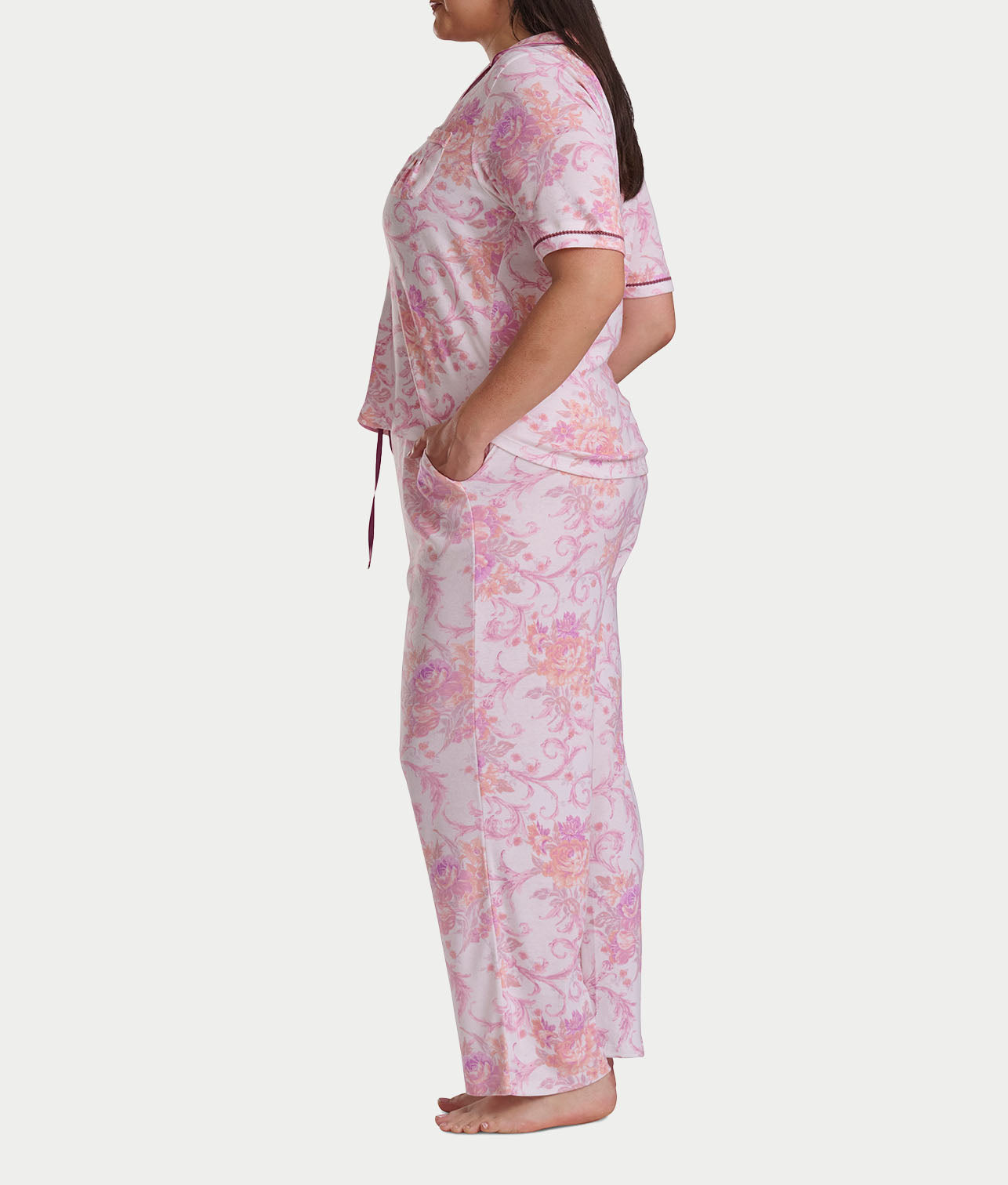 Plus Size Romantic Fields Notch Collar Pajama Set with Lace thumbnail 3