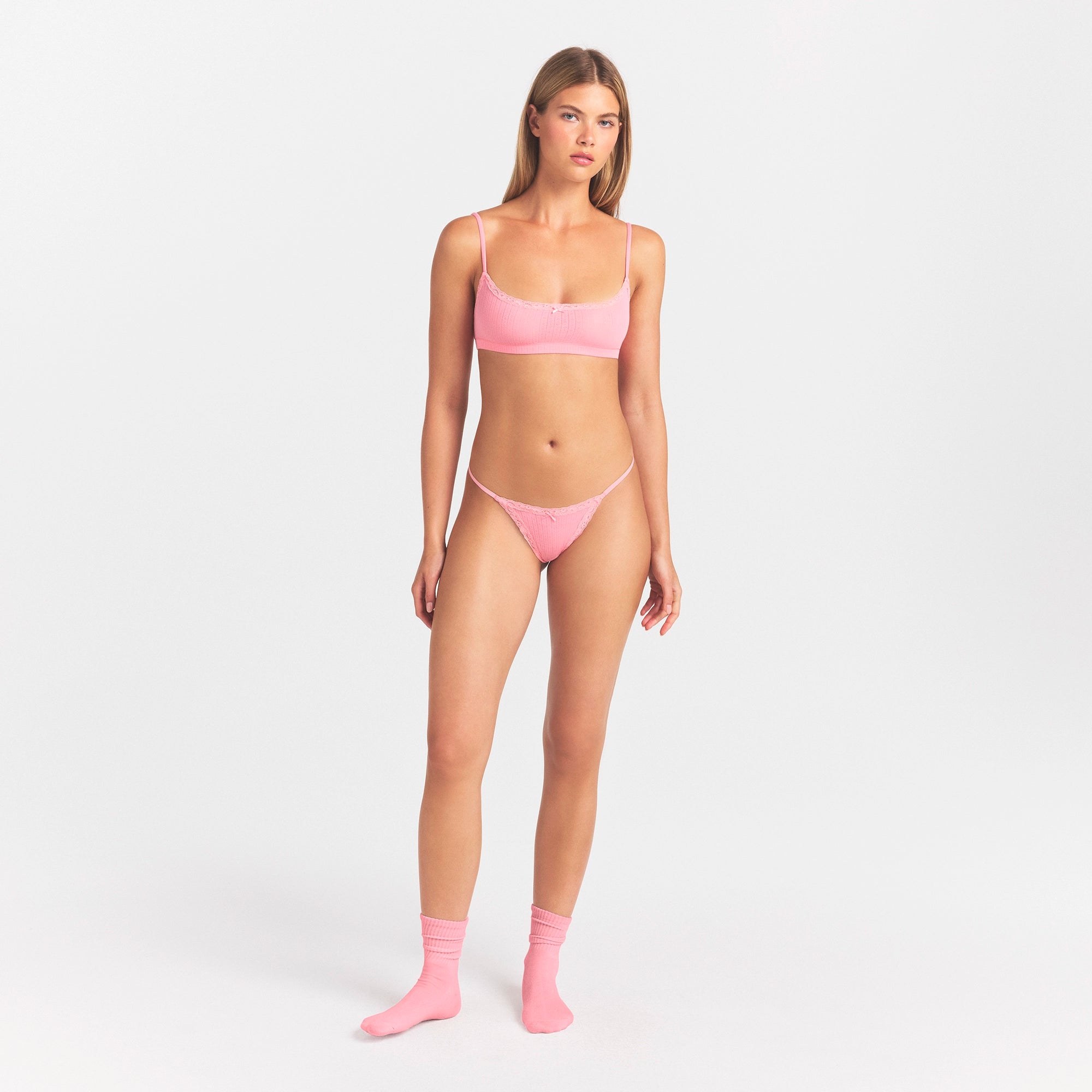 LIGHTWEIGHT COTTON POINTELLE LACE STRING THONG | MELON TONAL thumbnail 2