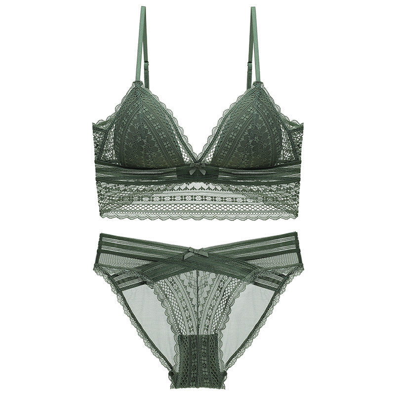 Elegant French Lace Wireless Triangle Cup Lingerie Bra Set - Onyx