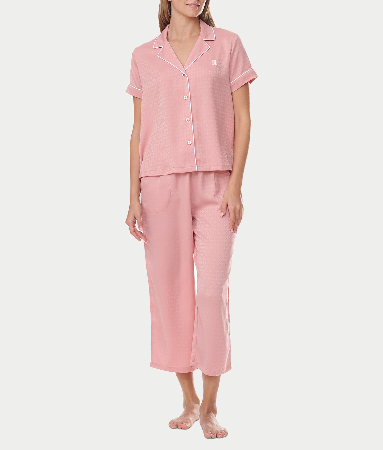 Notch Collar Cropped Woven Pajama Set