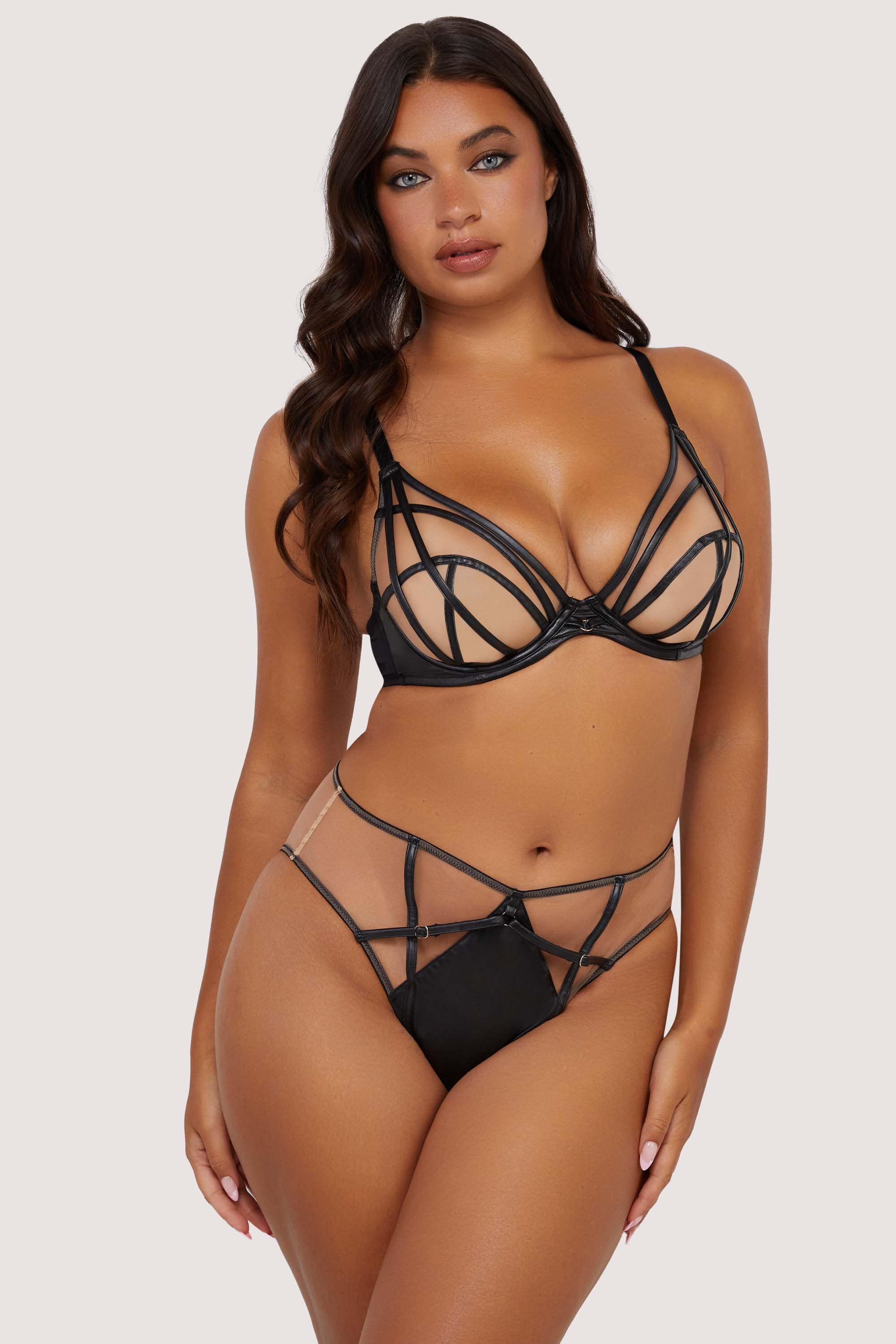 Ramona Black Leatherette Strap Detail Illusion Mesh High Waisted Brief thumbnail 3