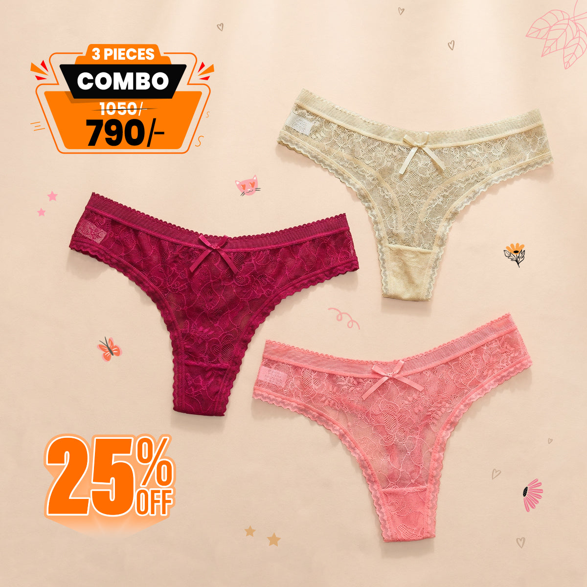 European Style Jacquard Lace Cotton Inseam Seamless Women's Thong Underwear