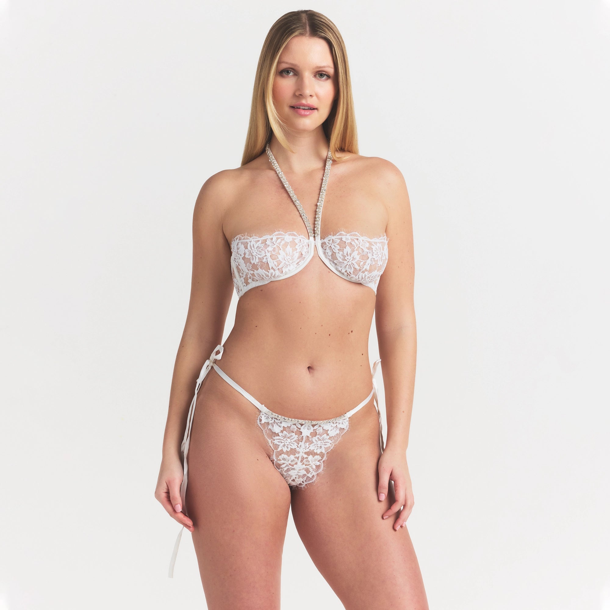 SKIMS LACE UNLINED HALTER BRA | SNOW thumbnail 3