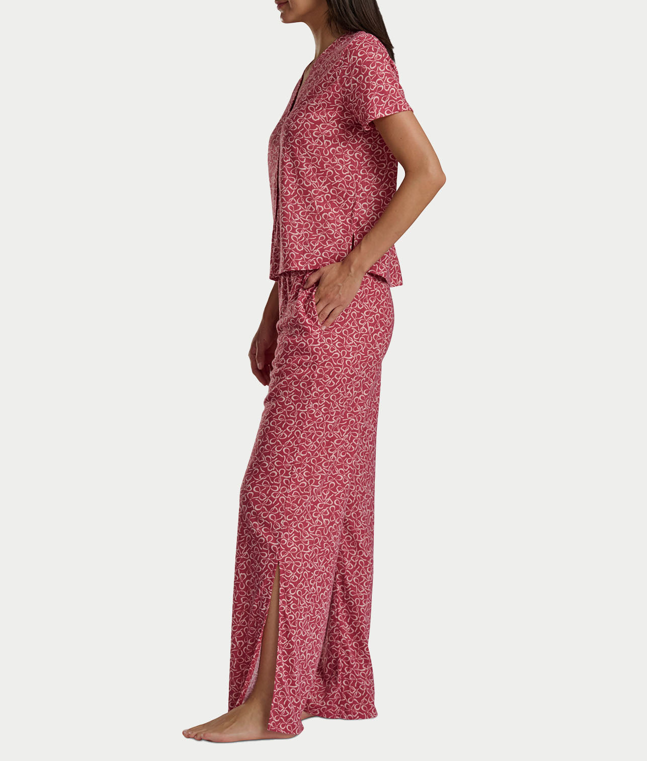 Pointelle Short Sleeve Button-Down Top and Long Pant Set thumbnail 3