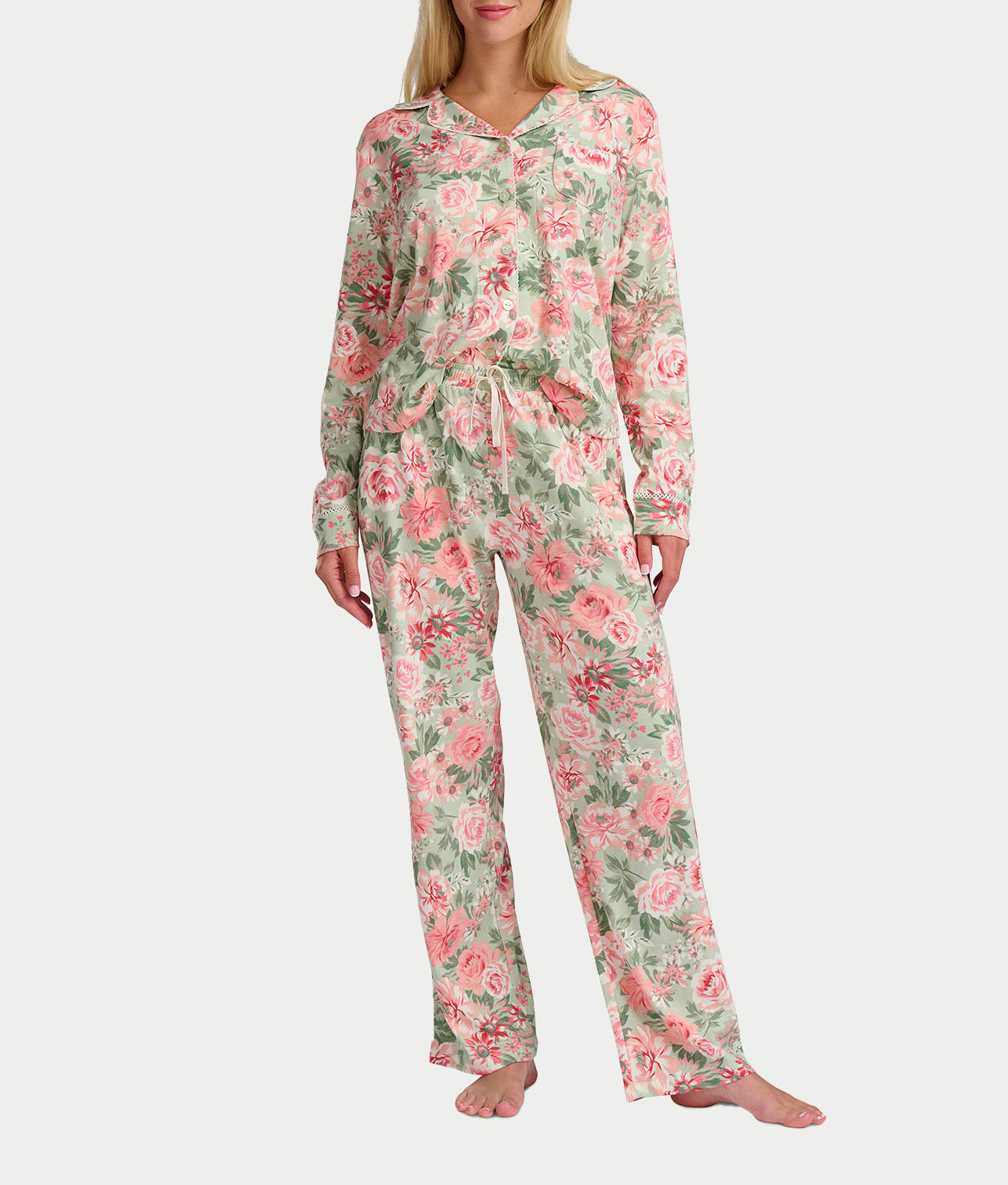 Vintage Dreams Long Sleeve Notch Pajama Set With Picot Trim