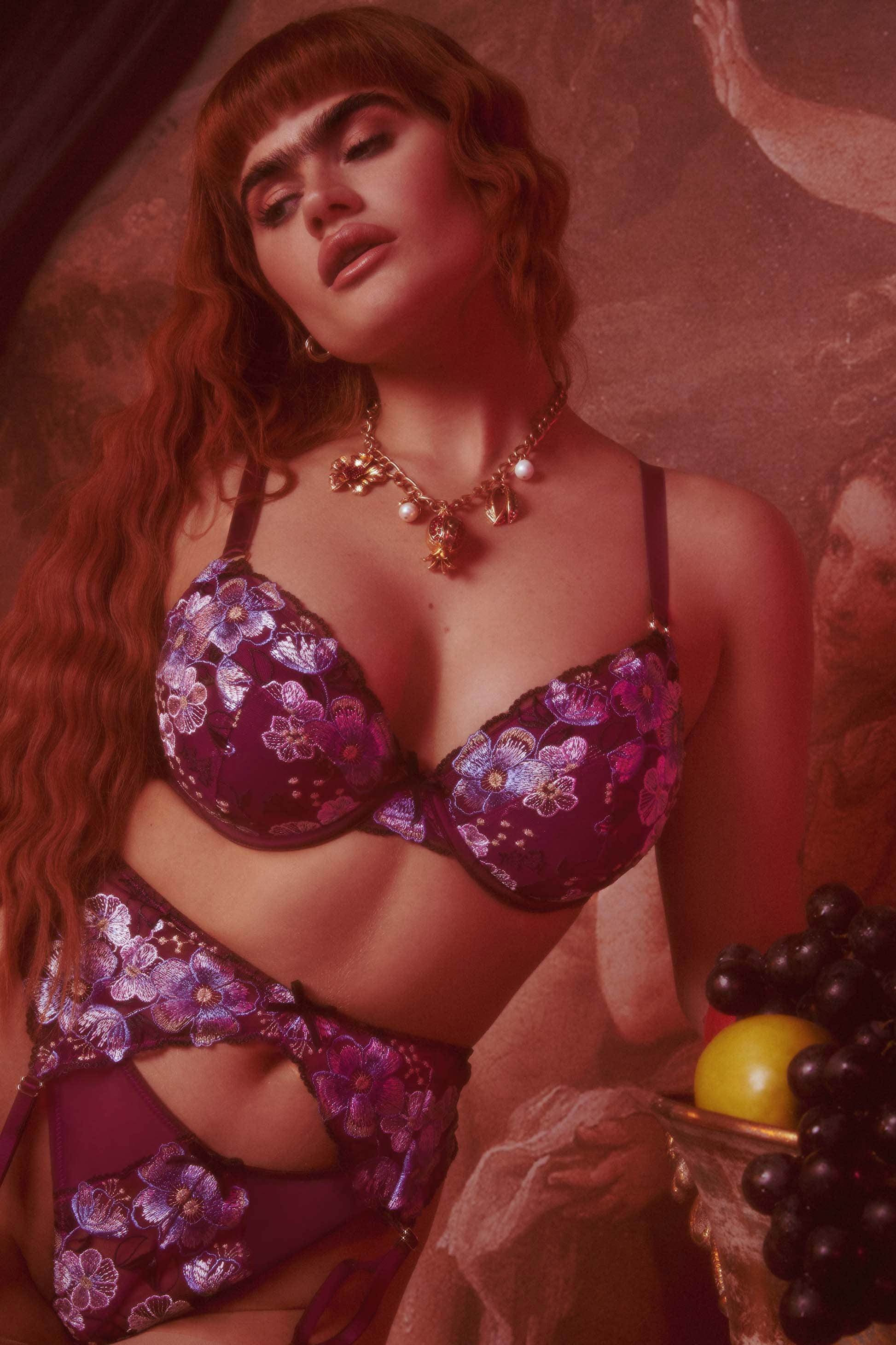 Joanna Burgundy Gold Embroidery Padded Plunge Bra thumbnail 2