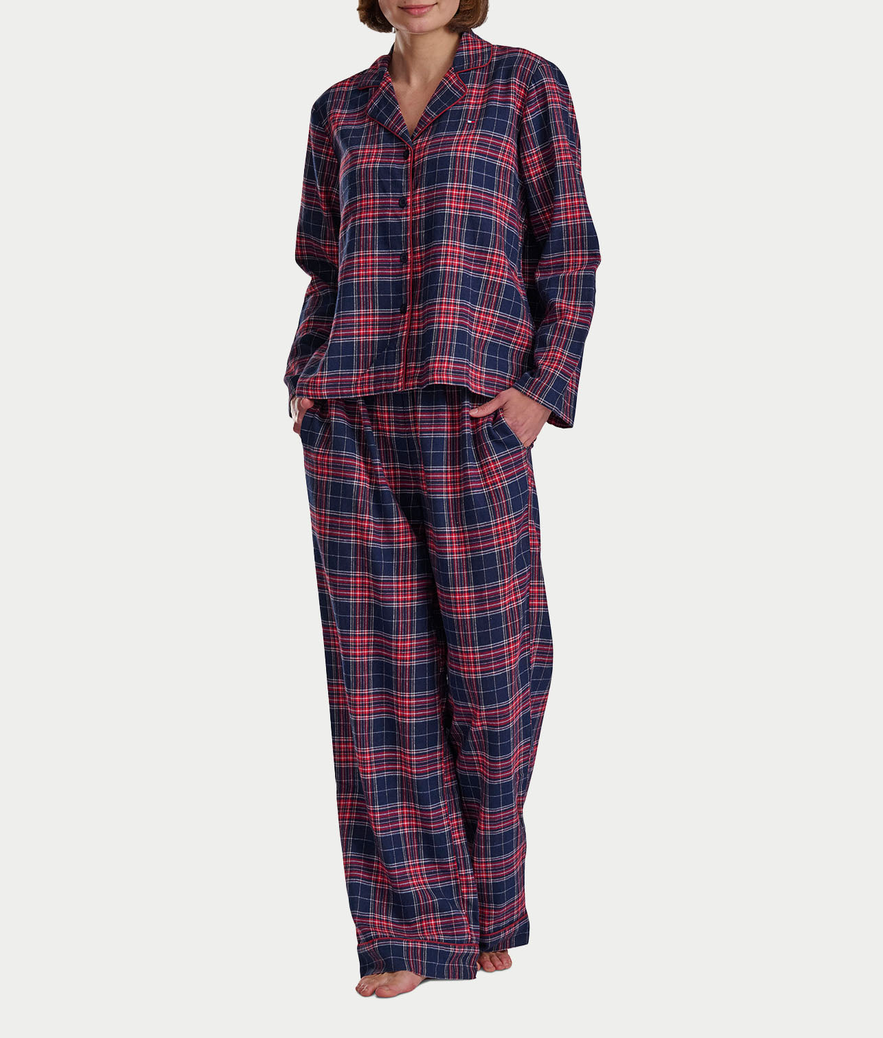 Notch Collar Knit Plaid Pajama Set