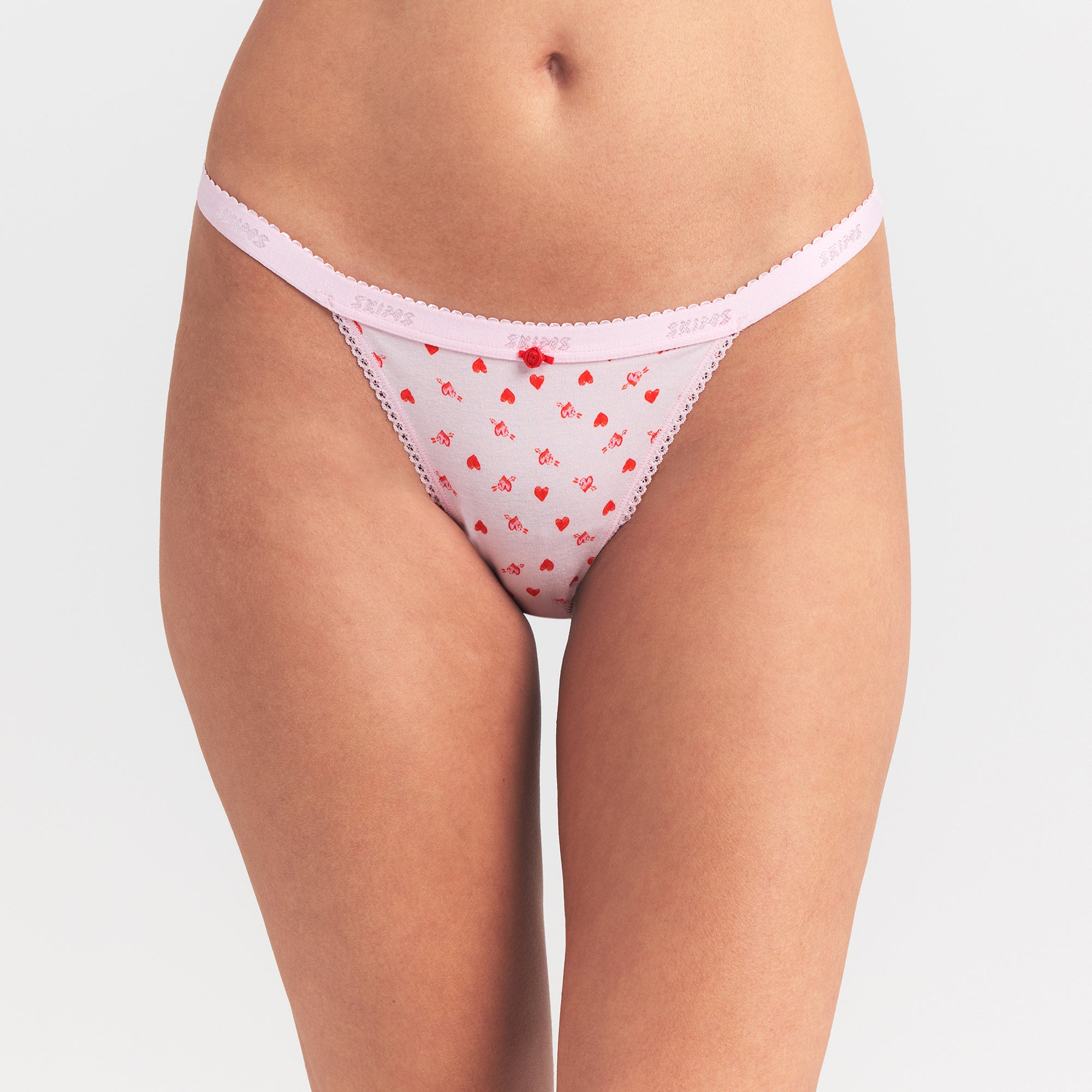 LIGHTWEIGHT COTTON LOGO PICOT STRING BIKINI | BABY PINK ARROWED HEARTS thumbnail 3