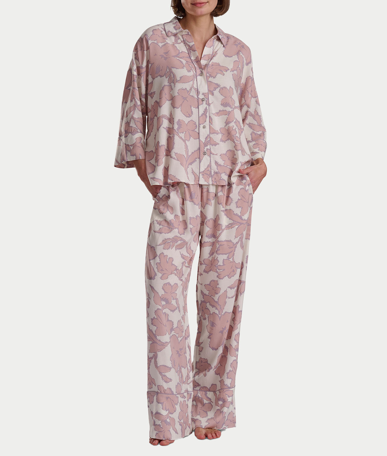 Woven 3/4 Sleeve Button-Down Top and Long Pant Set