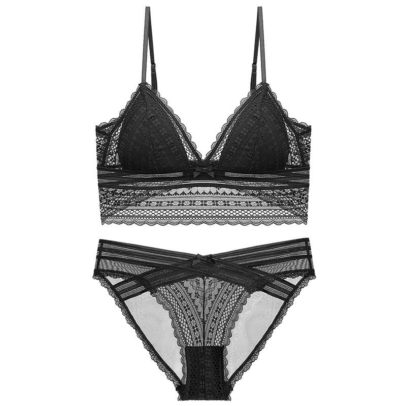 Elegant French Lace Wireless Triangle Cup Lingerie Bra Set - Onyx thumbnail 3