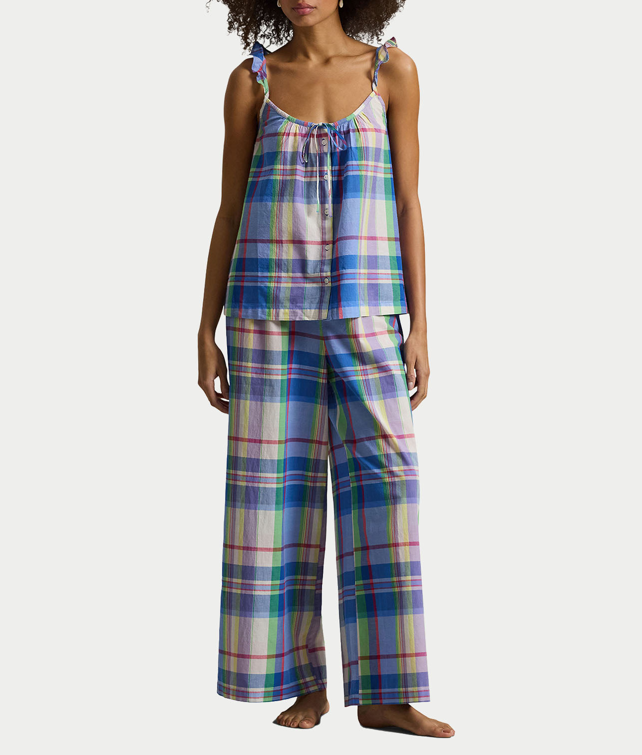 Madras Plaid Ruffle Cami Woven Pajama Set