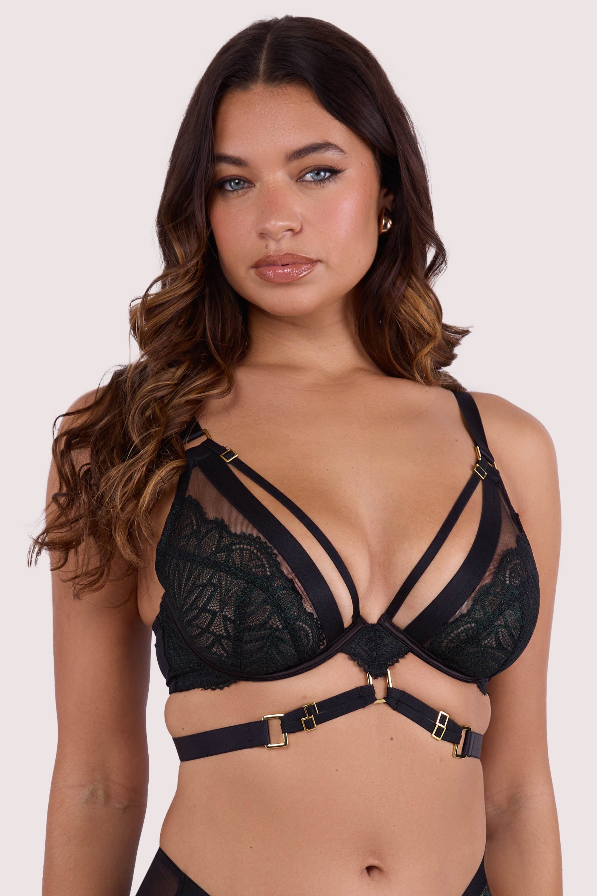Tabitha Dark Green Wet-Look Lace Plunge Bra thumbnail 2