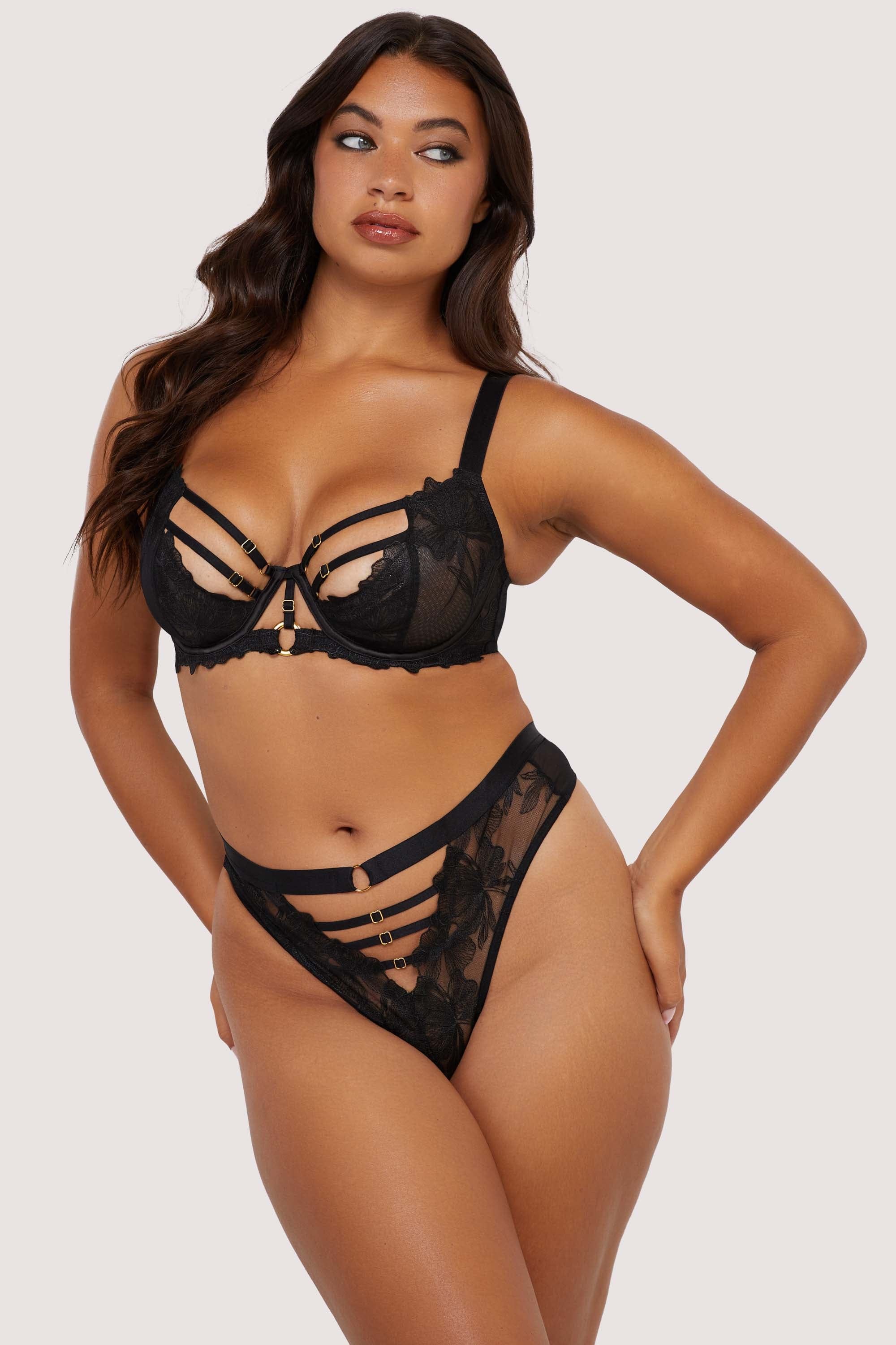 Eleanor Black Strappy Embroidery High Waist Thong thumbnail 3