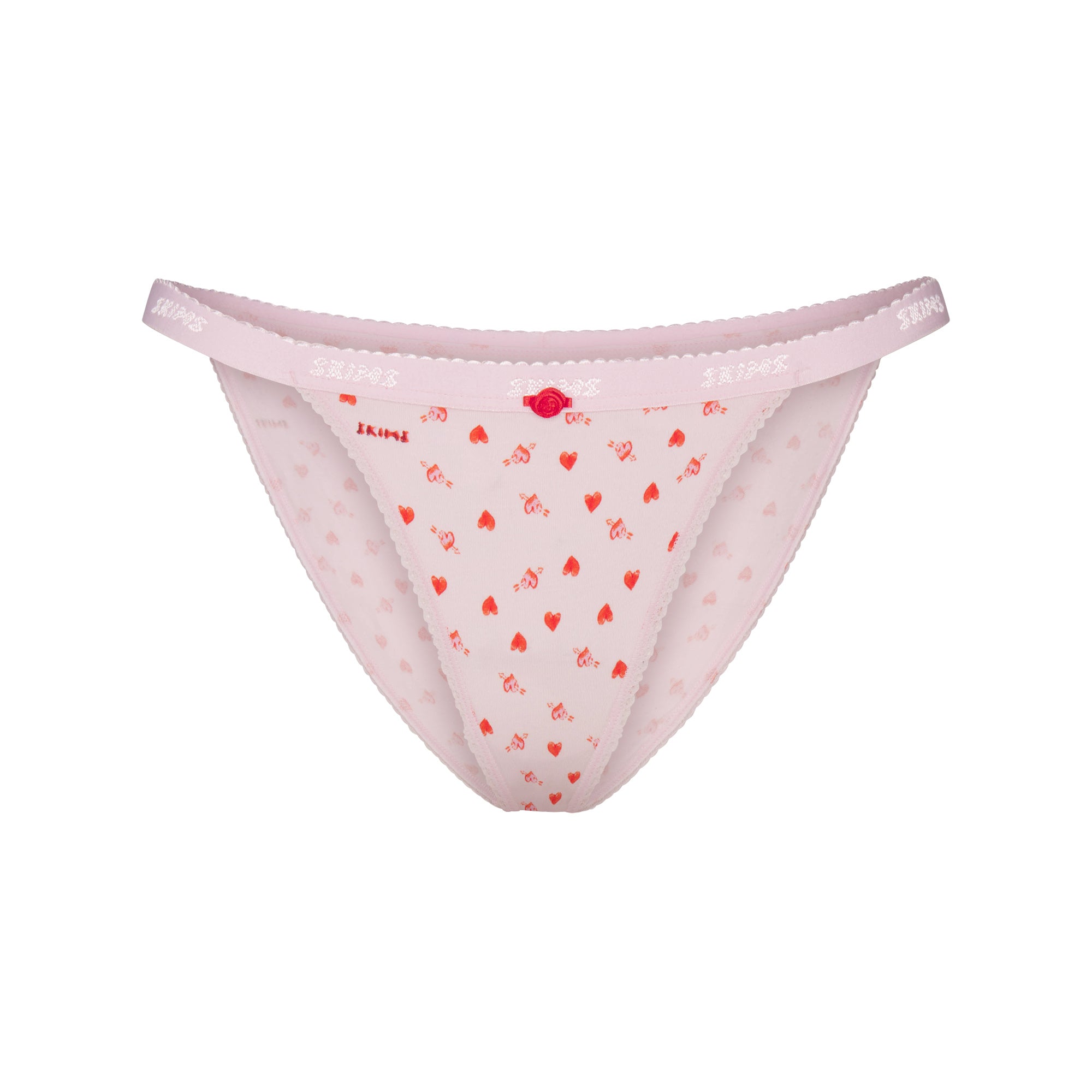 LIGHTWEIGHT COTTON LOGO PICOT STRING BIKINI | BABY PINK ARROWED HEARTS