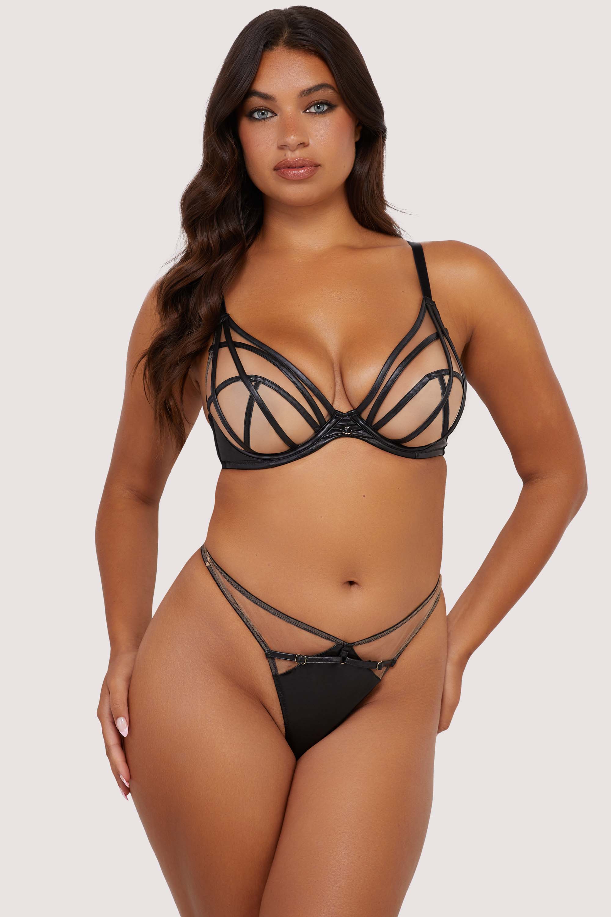Ramona Black Leatherette Caged Open Back Thong thumbnail 3