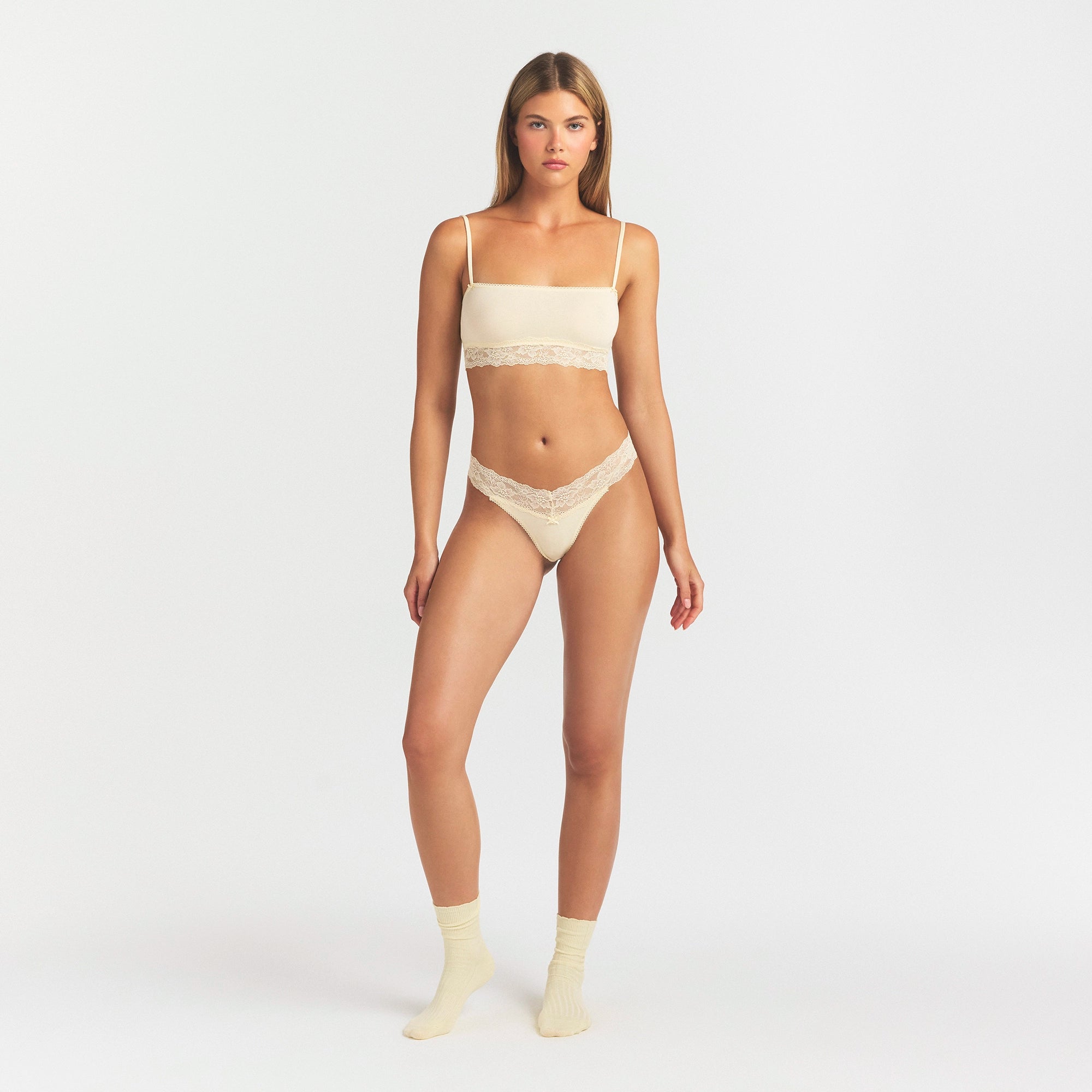 LIGHTWEIGHT COTTON WIDE LACE THONG | BUTTER TONAL thumbnail 2