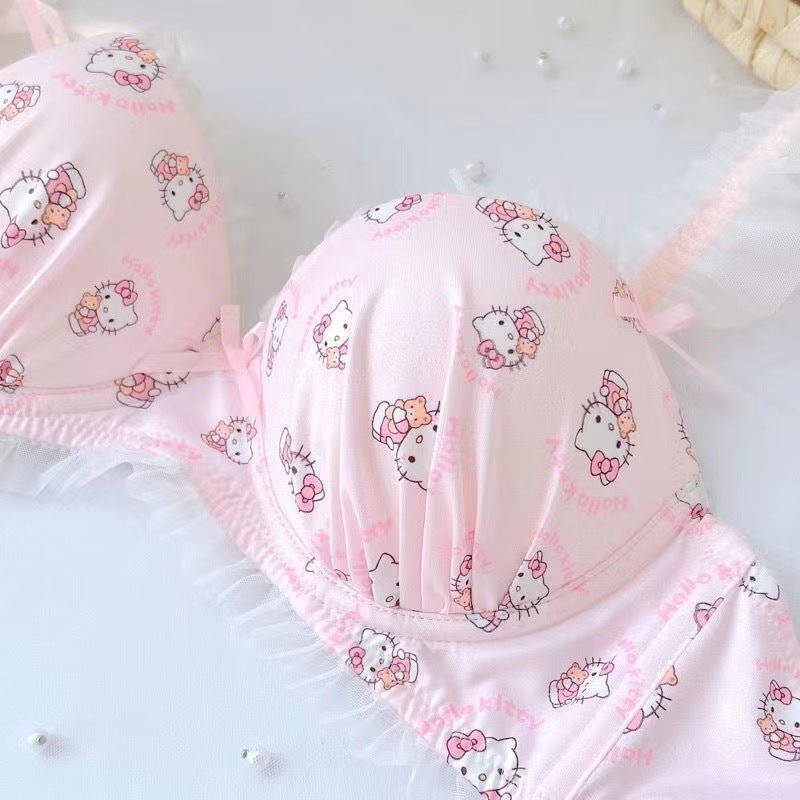 Soft Cute Hello Kitty Japanese Girl Thin Sweet Lace Anti Sagging Lingerie Set thumbnail 3