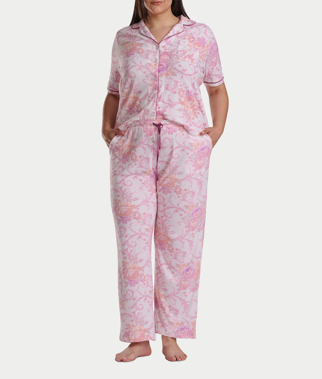 Plus Size Romantic Fields Notch Collar Pajama Set with Lace