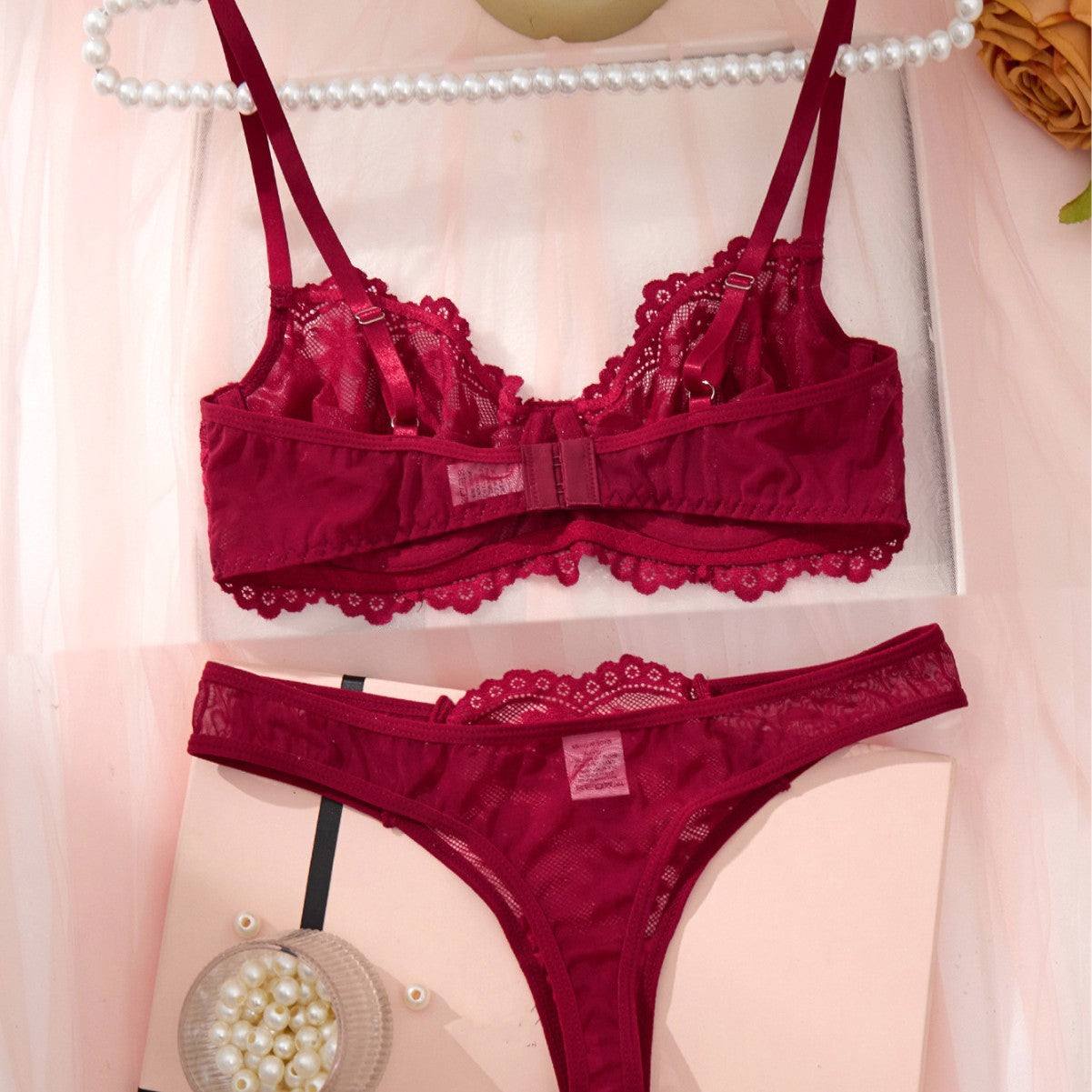 Sexy Burgundy Lace Deep V Bra and Panty Set thumbnail 2