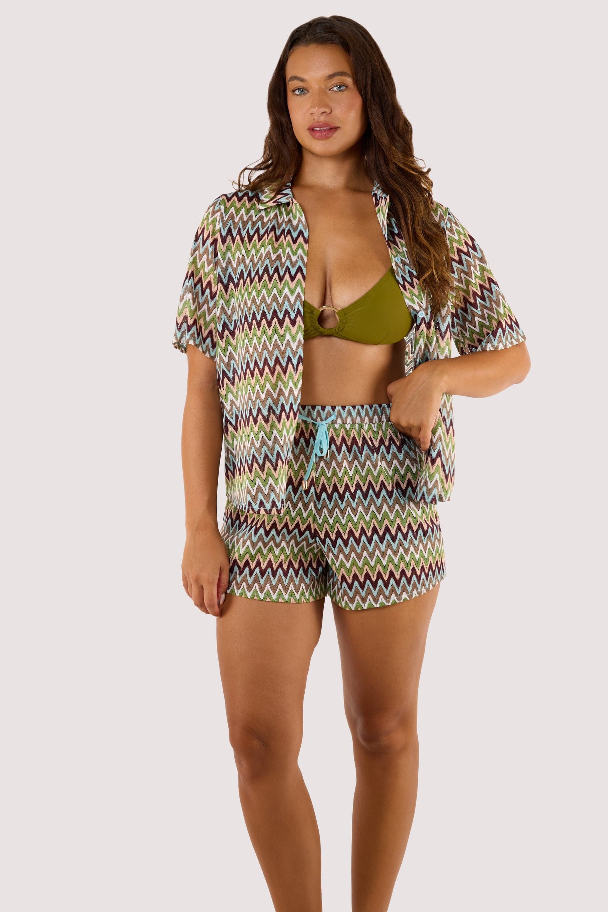 Kalahari Khaki Zig Zag Crochet Beach Shorts thumbnail 3