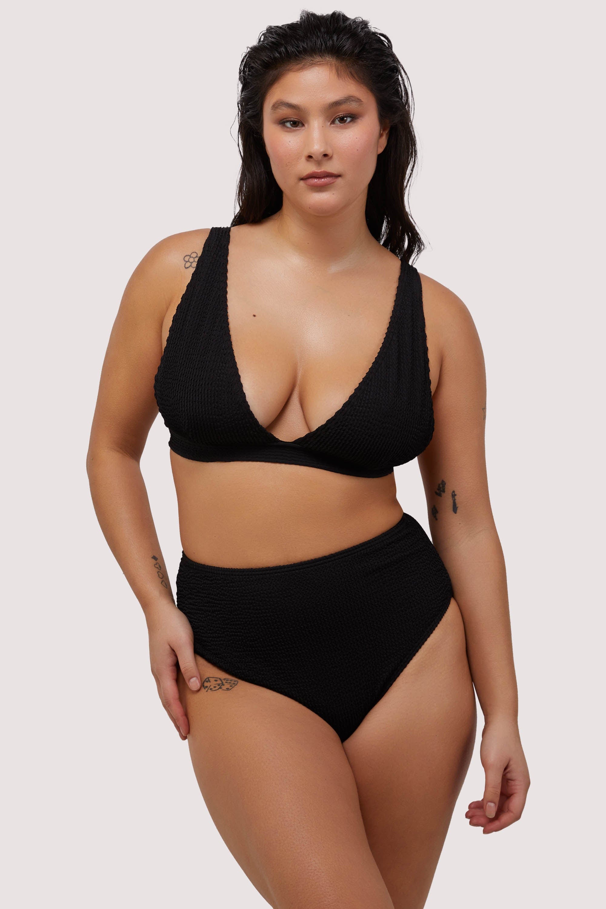 Black Textured High Waisted Bikini Bottom thumbnail 3