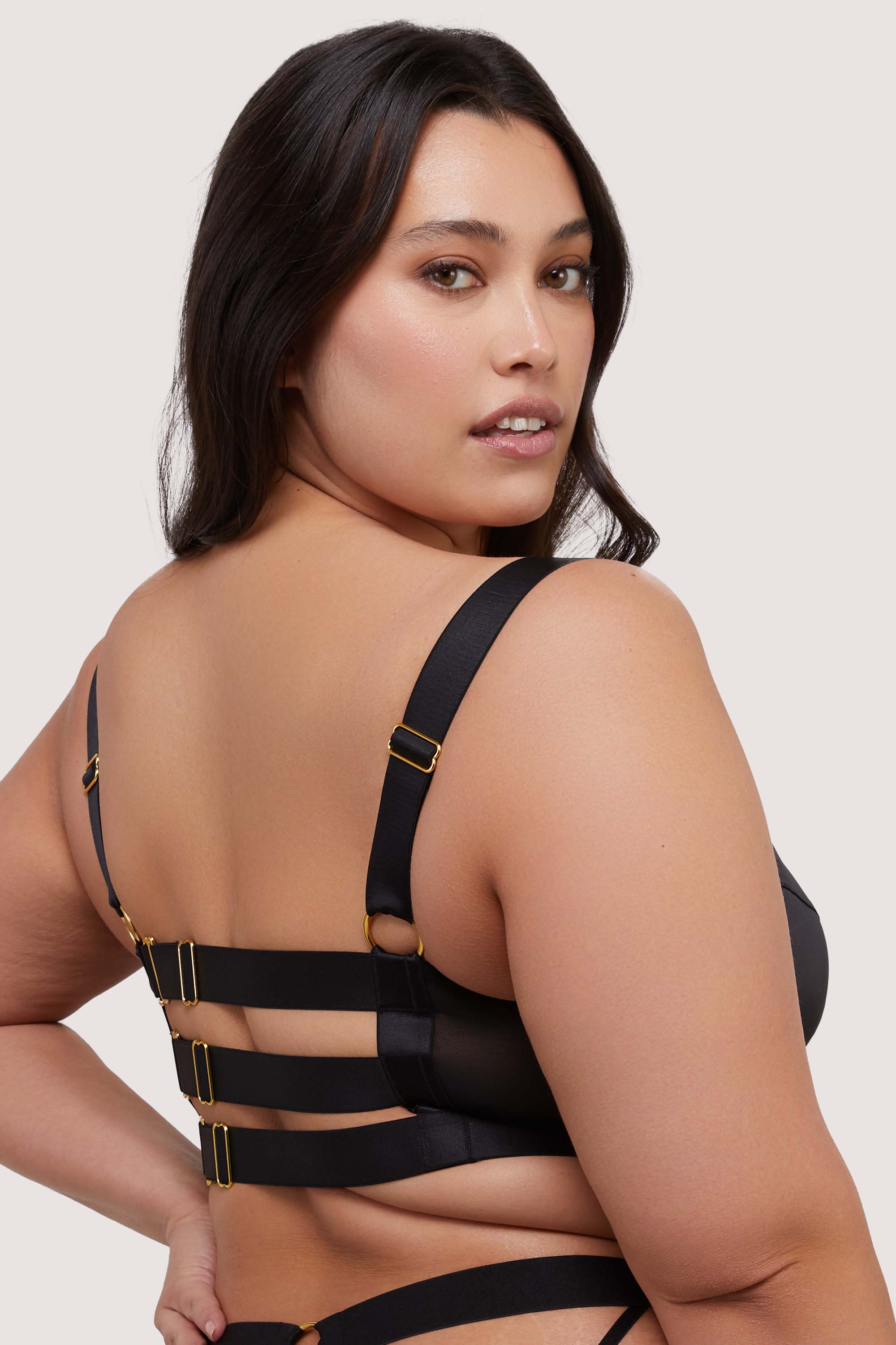 Etta Black Satin and Mesh Longline Padded Plunge Bra thumbnail 3