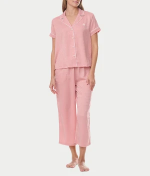 Notch Collar Cropped Woven Pajama Set
