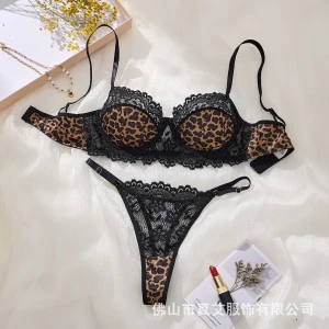 Wild Leopard Print Lace Underwire Bra and Thong Set Black