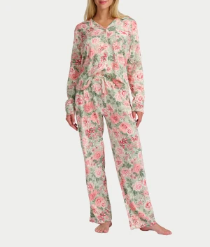 Vintage Dreams Long Sleeve Notch Pajama Set With Picot Trim