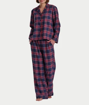 Notch Collar Knit Plaid Pajama Set