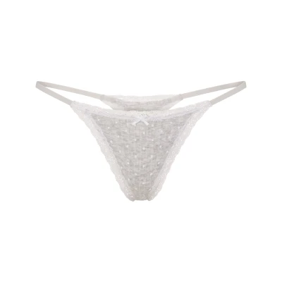 LIGHTWEIGHT COTTON POINTELLE LACE STRING THONG | LIGHT HEATHER GREY PIN DOT